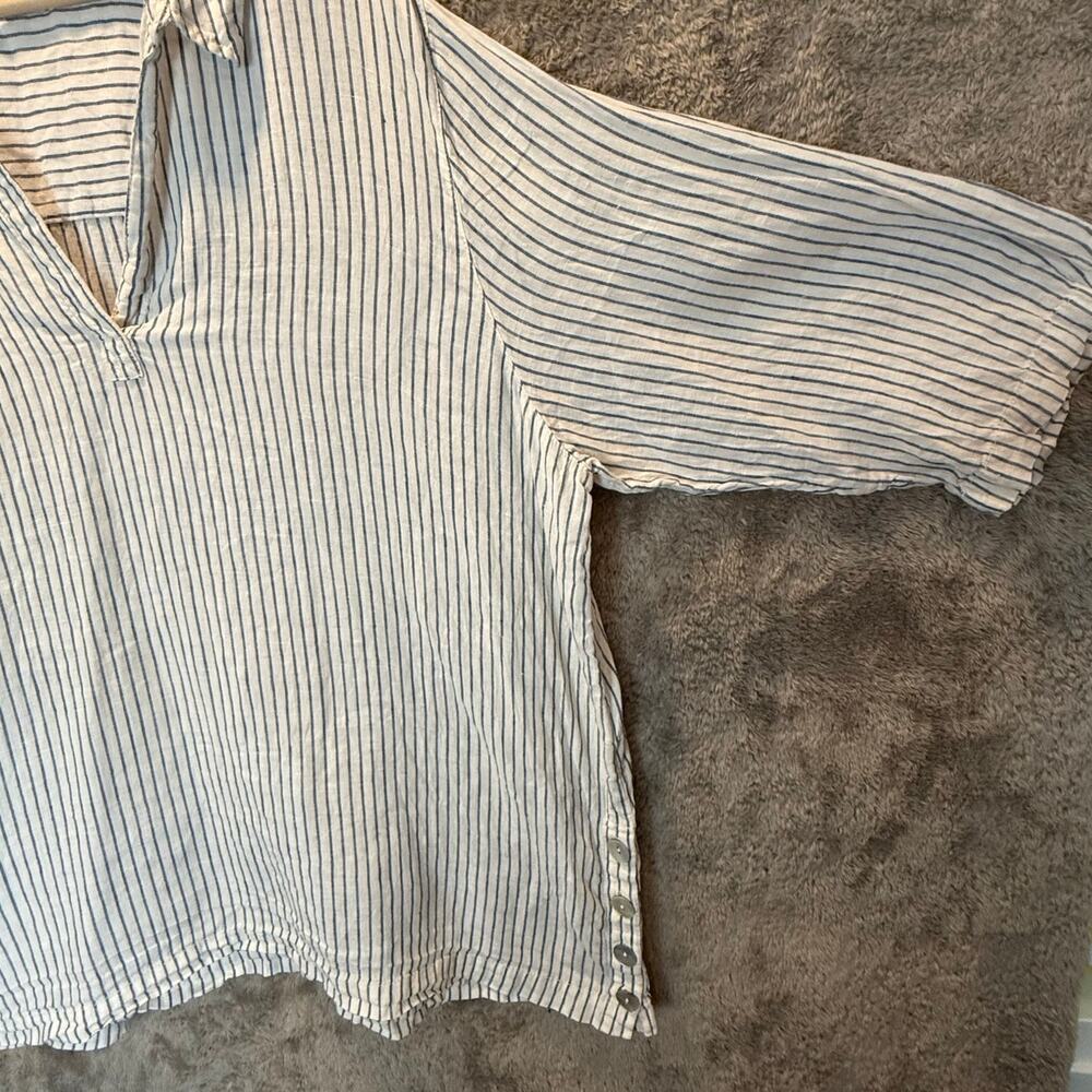 Sigrid Olsen Linen Blue White Stripe Tunic Top Po… - image 3